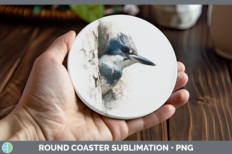 Kingfisher Birds Tree Peek Round Coaster Sublimation Design