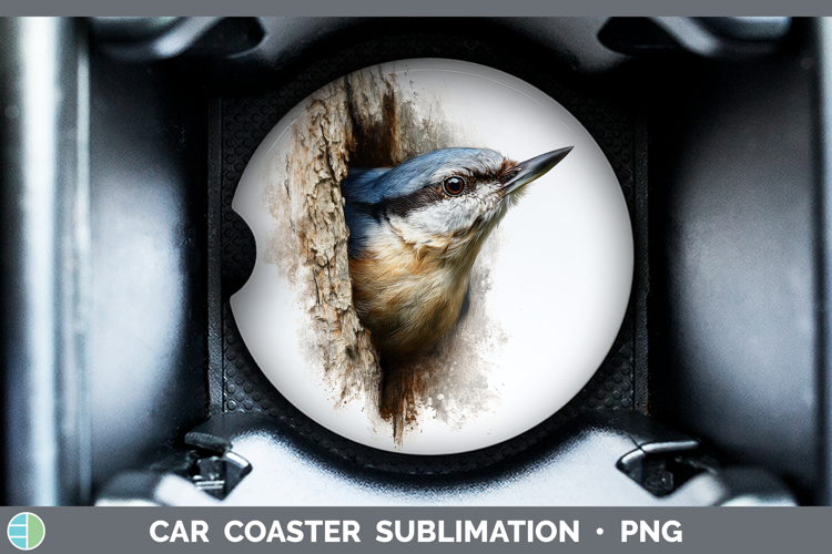 Nuthatch Birds Tree Peek Car Coaster Sublimation Design