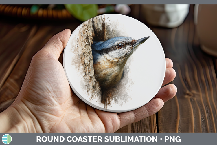 Nuthatch Birds Tree Peek Round Coaster Sublimation Design