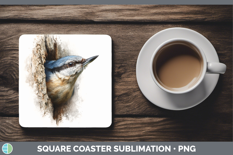 Nuthatch Birds Tree Peek Square Coaster Sublimation Design