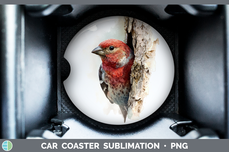 Pine Grosbeak Birds Tree Peek Car Coaster Sublimation Design