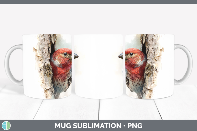 Pine Grosbeak Birds Tree Peek Mug Wrap Sublimation Design