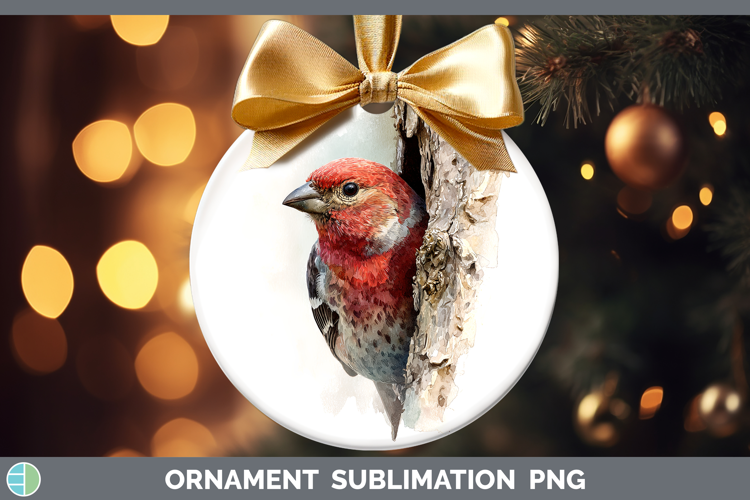 Pine Grosbeak Birds Tree Peek Ornament Sublimation Design