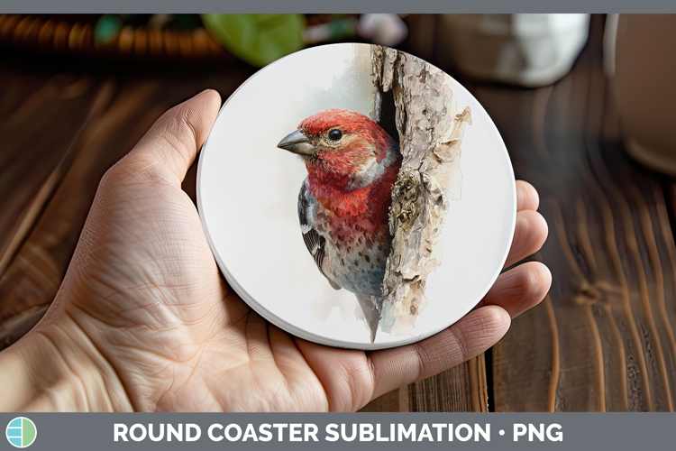Pine Grosbeak Birds Tree Peek Round Coaster Sublimation Desi