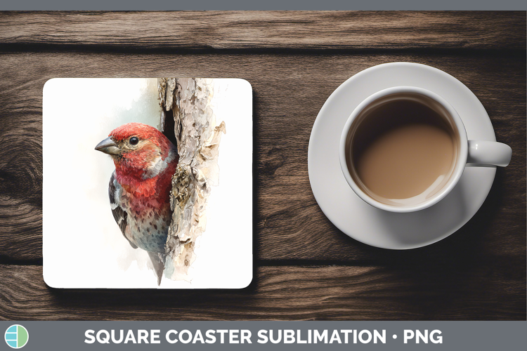 Pine Grosbeak Birds Tree Peek Square Coaster Sublimation Des