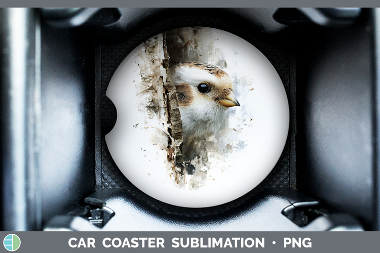 Snow Bunting Birds Tree Peek Car Coaster Sublimation Design