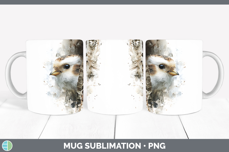 Snow Bunting Birds Tree Peek Mug Wrap Sublimation Design