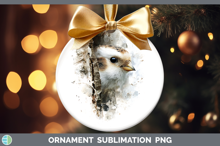 Snow Bunting Birds Tree Peek Ornament Sublimation Design