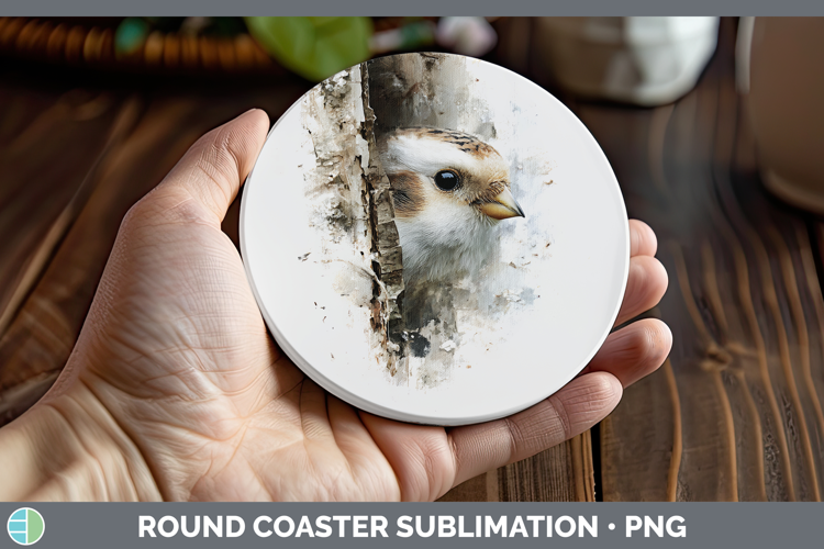 Snow Bunting Birds Tree Peek Round Coaster Sublimation Desig