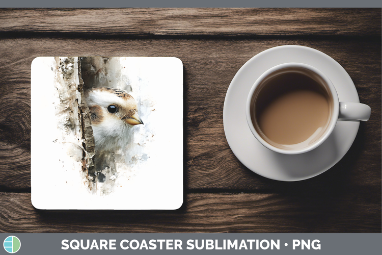 Snow Bunting Birds Tree Peek Square Coaster Sublimation Desi
