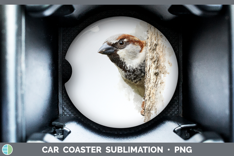 Sparrow Birds Tree Peek Car Coaster Sublimation Design