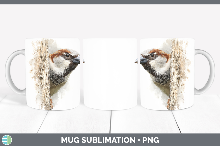 Sparrow Birds Tree Peek Mug Wrap Sublimation Design