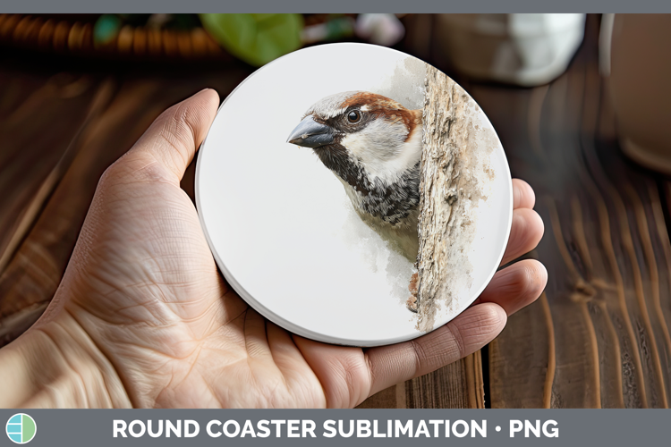 Sparrow Birds Tree Peek Round Coaster Sublimation Design