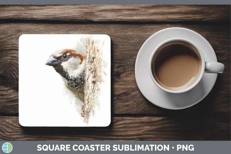 Sparrow Birds Tree Peek Square Coaster Sublimation Design