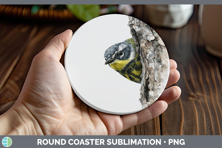 Warbler Birds Tree Peek Round Coaster Sublimation Design