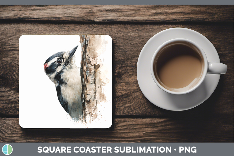 Woodpecker Birds Tree Peek Square Coaster Sublimation Design