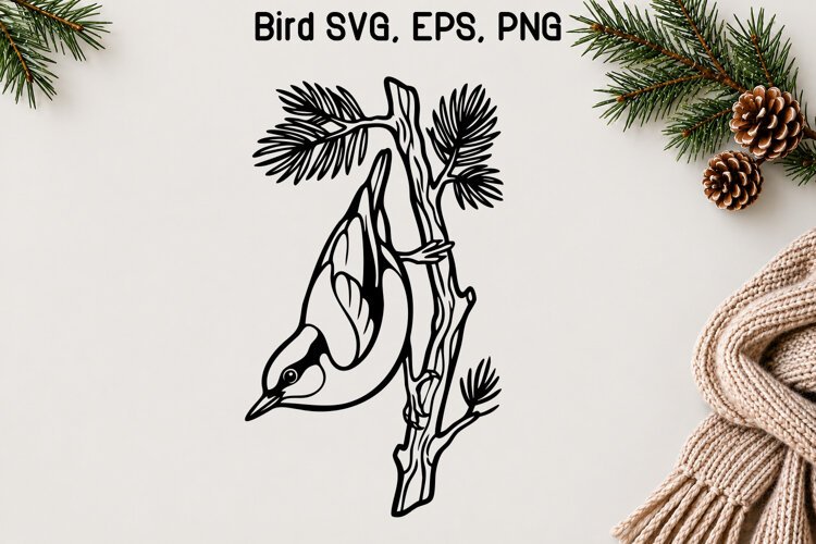 Winter Nuthatch Pine Branch SVG example image 1