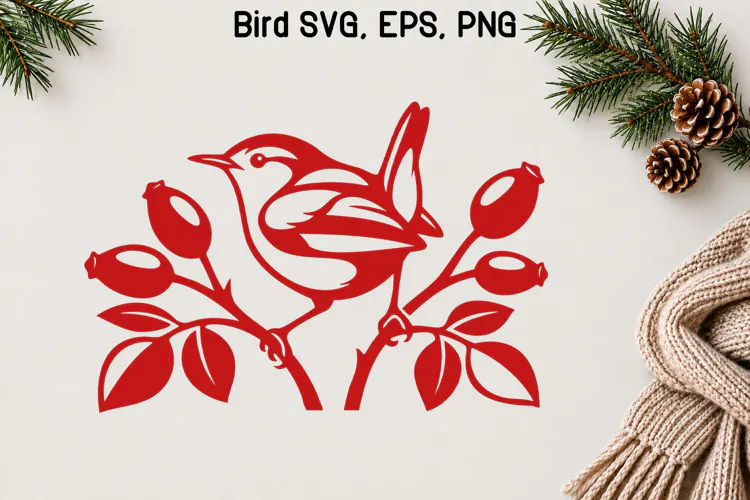 Winter Bird Rosehip Branch SVG