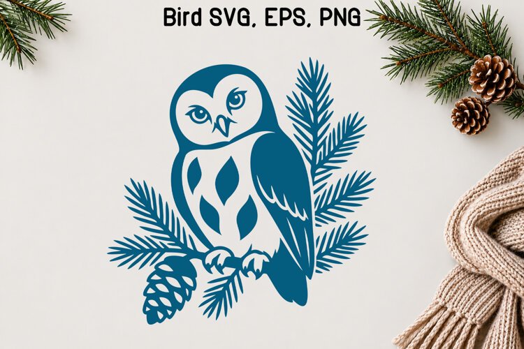 Winter Owl Pine Branch SVG example image 1