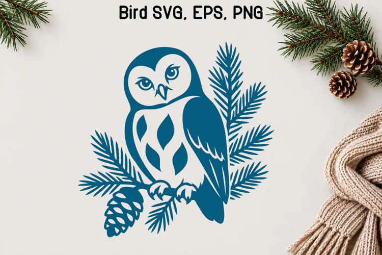 Winter Owl Pine Branch SVG