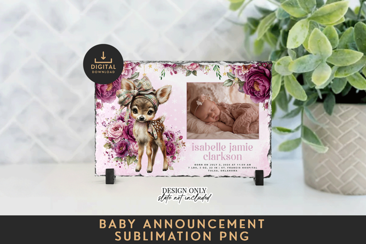 Fawn Birth Announcement Template PNG Floral Deer Photo