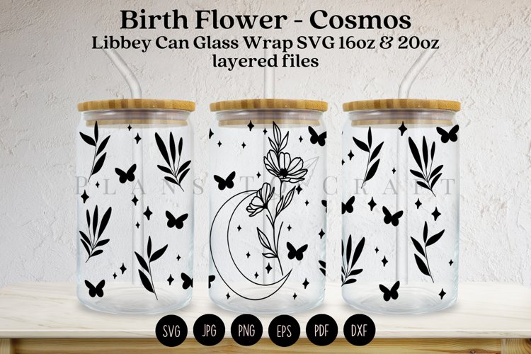 birth flower libbey beer can glass full wrap svg presized template for 16oz and 20oz glass for Cricut Silhouette and sublimation