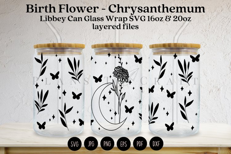 birth flower libbey beer can glass full wrap svg presized template for 16oz and 20oz glass for Cricut Silhouette and sublimation