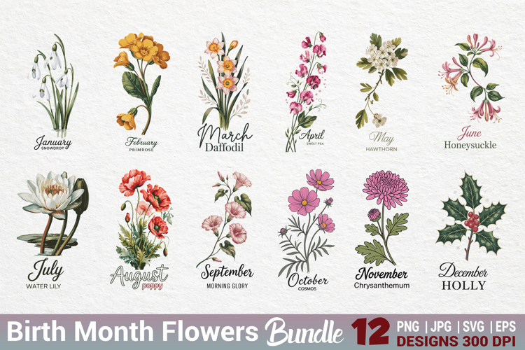 Birth Month Flower Watercolor Art Bundle