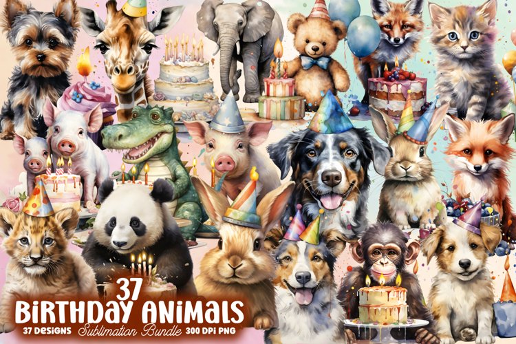 Birthday Animals Clipart Sublimation Bundle, Birthday Animal