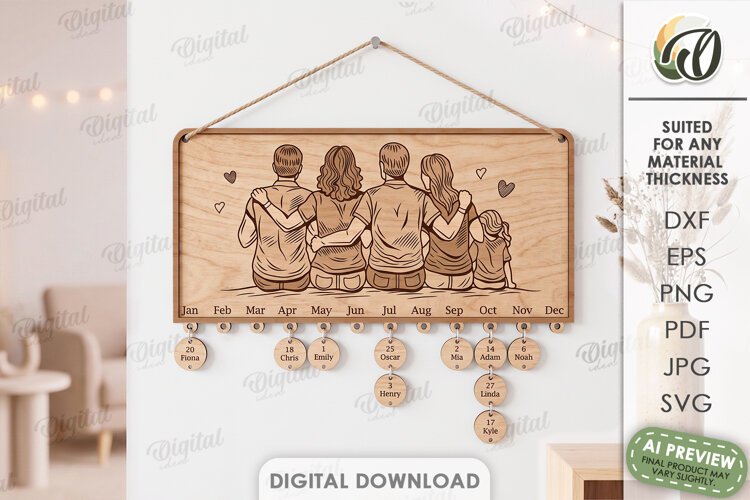 Family Birthday Calendar Laser Cut. Wall Calendar SVG example image 1