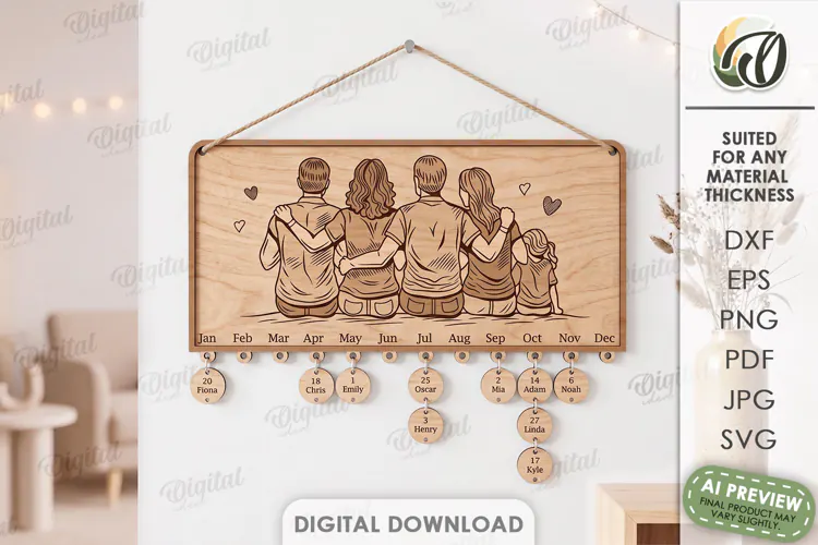 Family Birthday Calendar Laser Cut. Wall Calendar SVG