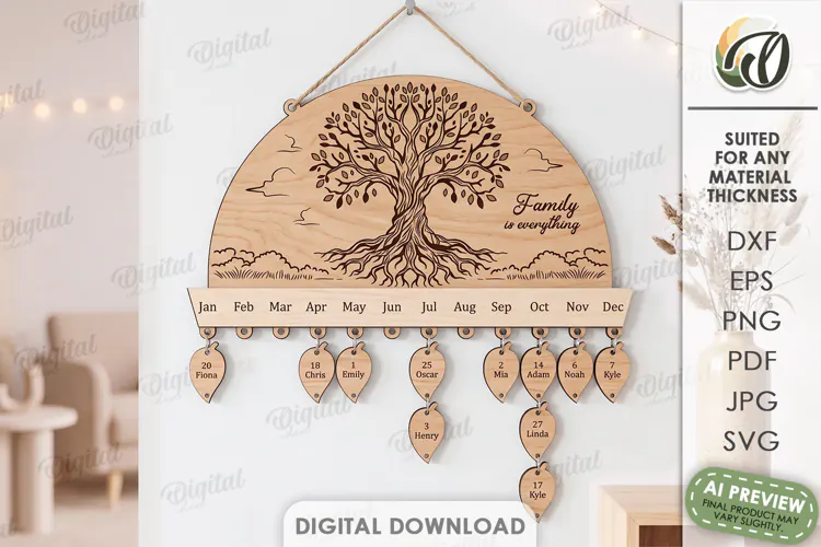Family Birthday Calendar Laser Cut. Wall Calendar SVG