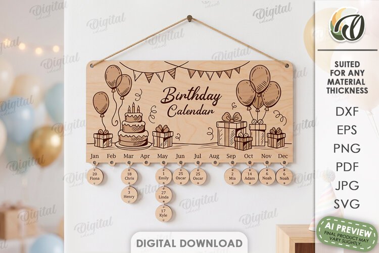Family Birthday Calendar Laser Cut. Wall Calendar SVG example image 1