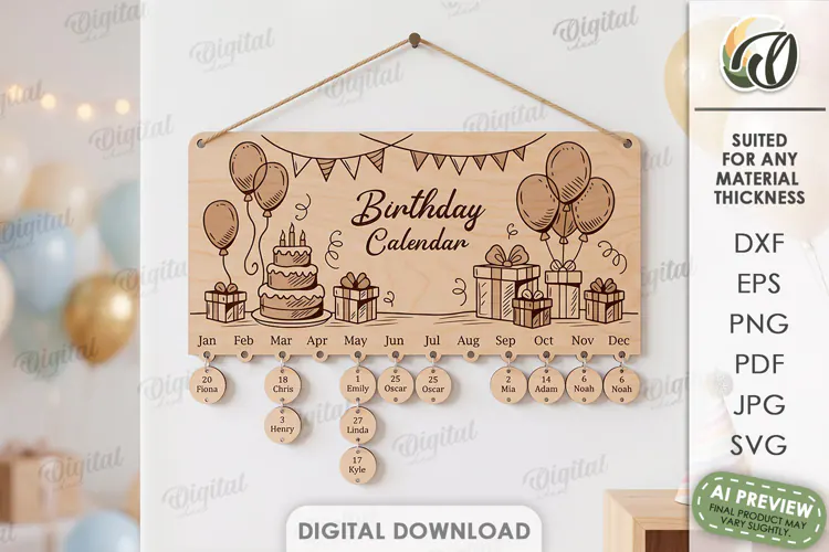 Family Birthday Calendar Laser Cut. Wall Calendar SVG