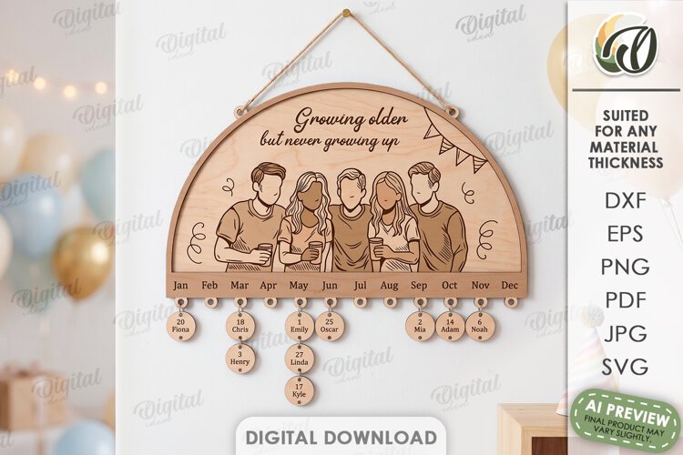 Family Birthday Calendar Laser Cut. Wall Calendar SVG example image 1