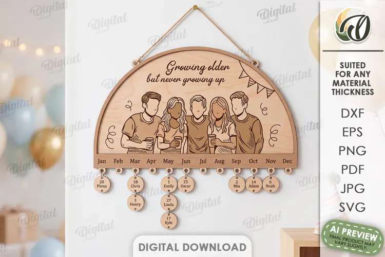 Family Birthday Calendar Laser Cut. Wall Calendar SVG