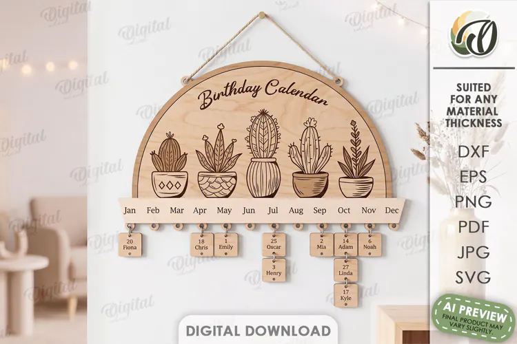 Family Birthday Calendar Laser Cut. Wall Calendar SVG