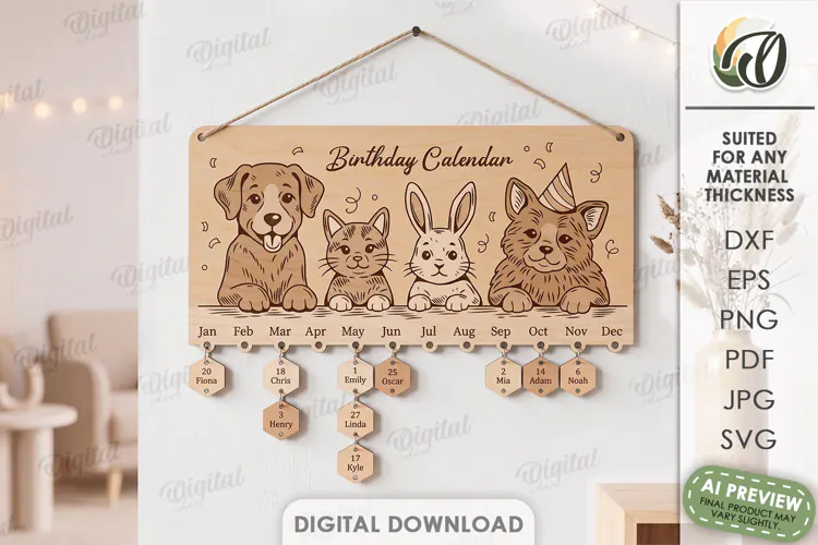 Family Birthday Calendar Laser Cut. Wall Calendar SVG