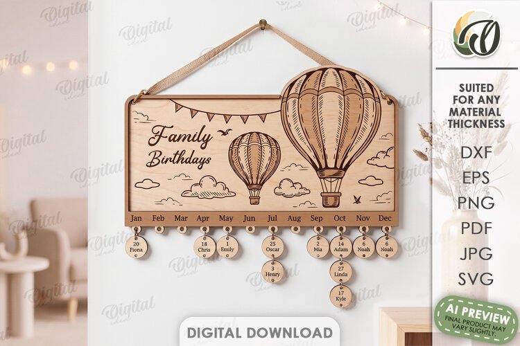 Family Birthday Calendar Laser Cut. Wall Calendar SVG example image 1