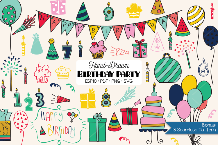 Color Birthday Party | Hand drawn Cakes, Candles, Balloons