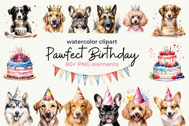 Birthday Dog Breeds Clipart Bundle Cute Dogs Watercolor Dog