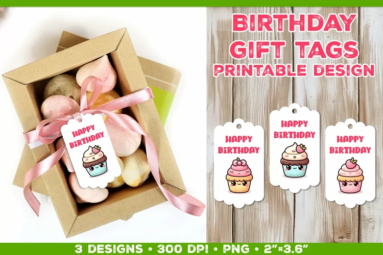 Kawaii Cake Birthday Gift Tags Printable Design