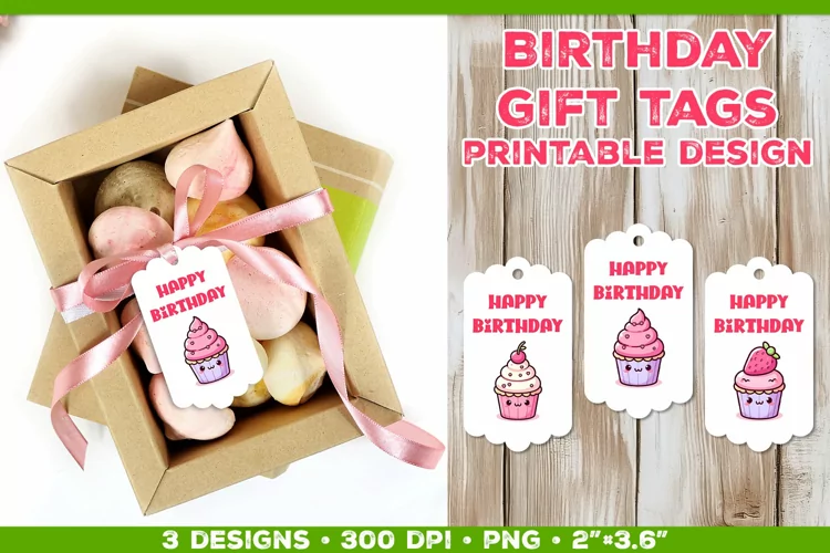 Kawaii Cake Birthday Gift Tags Printable Design