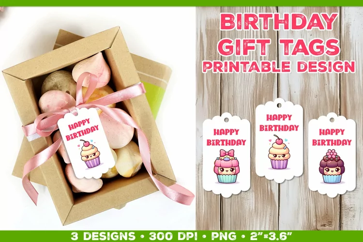Kawaii Cake Birthday Gift Tags Printable Design