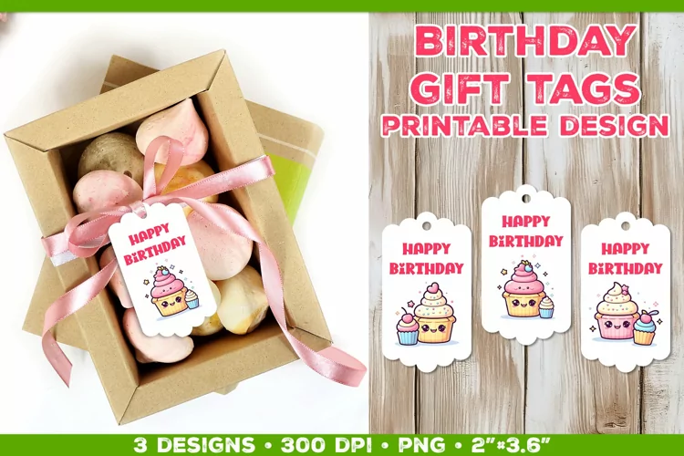 Kawaii Cake Birthday Gift Tags Printable Design