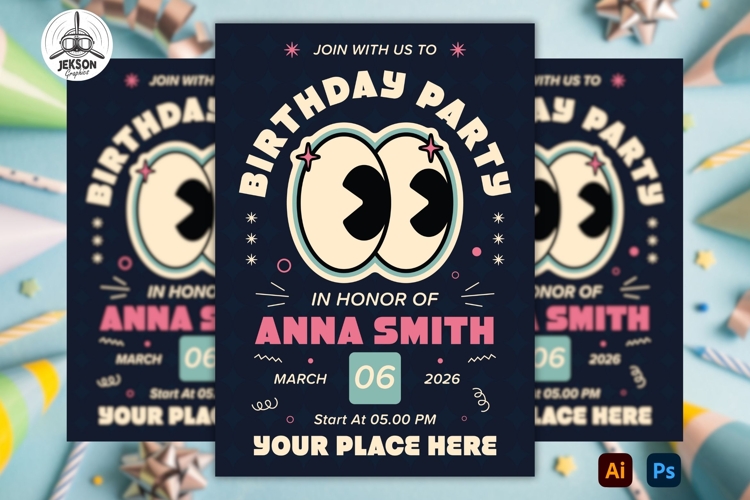 Birthday Party Flyer Template Design Groovy Poster SVG