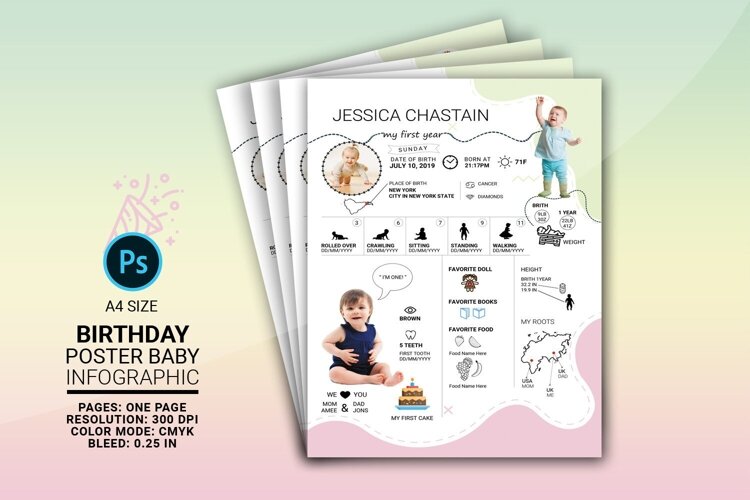 Baby first year milestone infographic poster featuring birth details, growth milestones, favorites, and family memories.