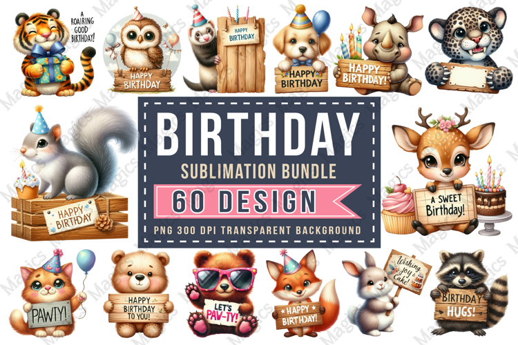 Birthday Sublimation Design Bundle, Animals Birthday Clipart