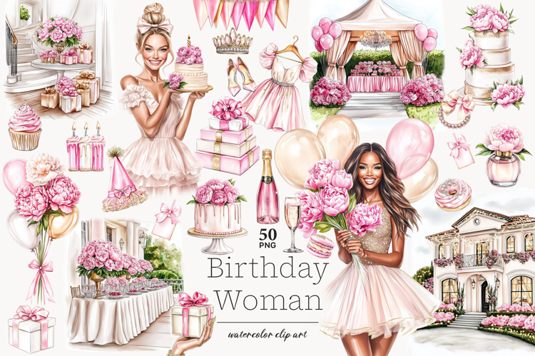 Birthday Woman Clipart | Pink Celebration PNG | Adult Party