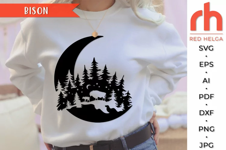 Bison Family SVG, Forest Scene Cut File, Night Landscape DXF